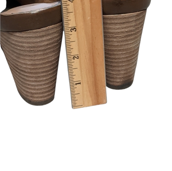 Clarks Okena chic peep toe leather mule stacked wood heel brown green 10M - Picture 6 of 14